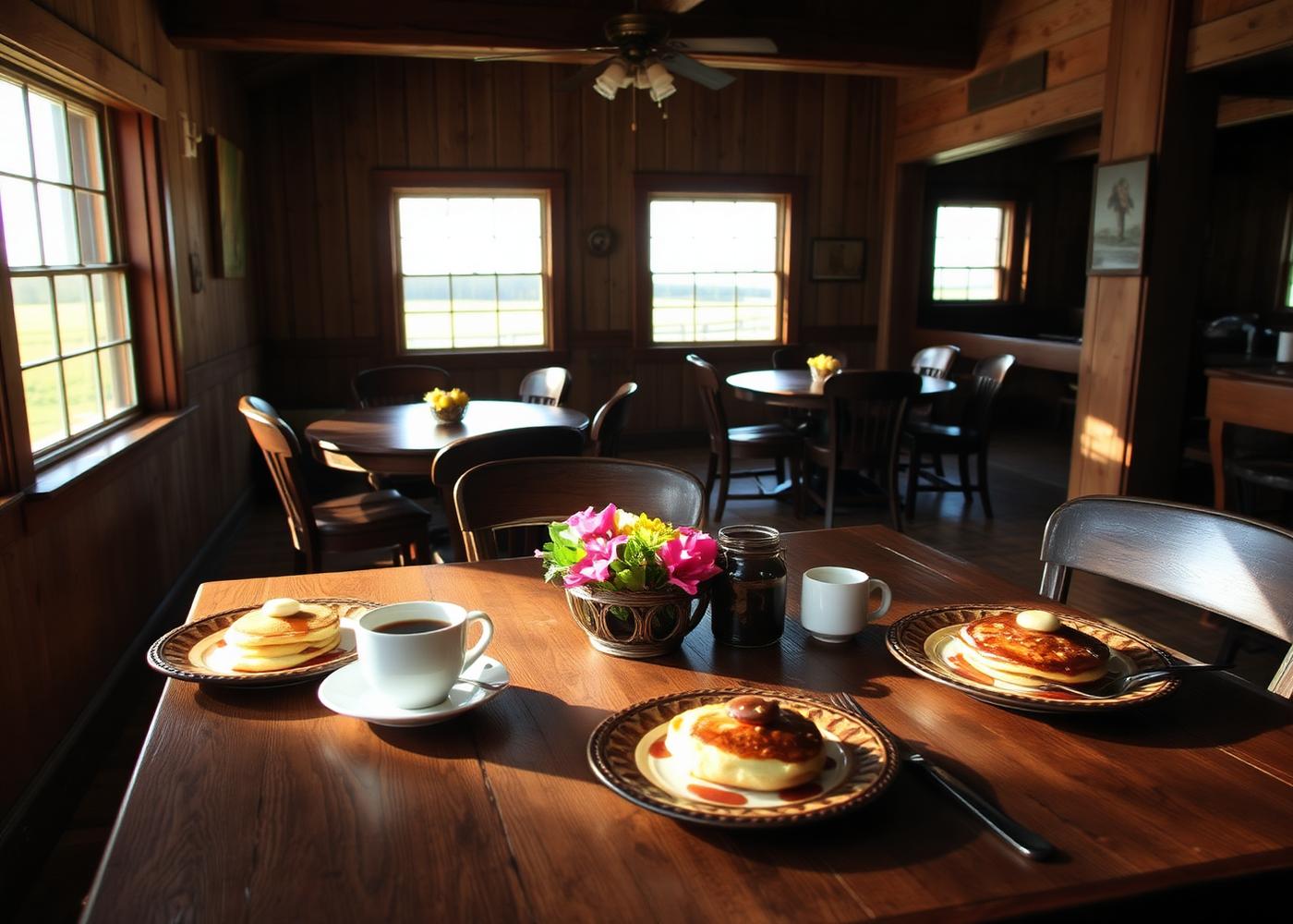 Country breakfast room with morning light and homestyle pancakes