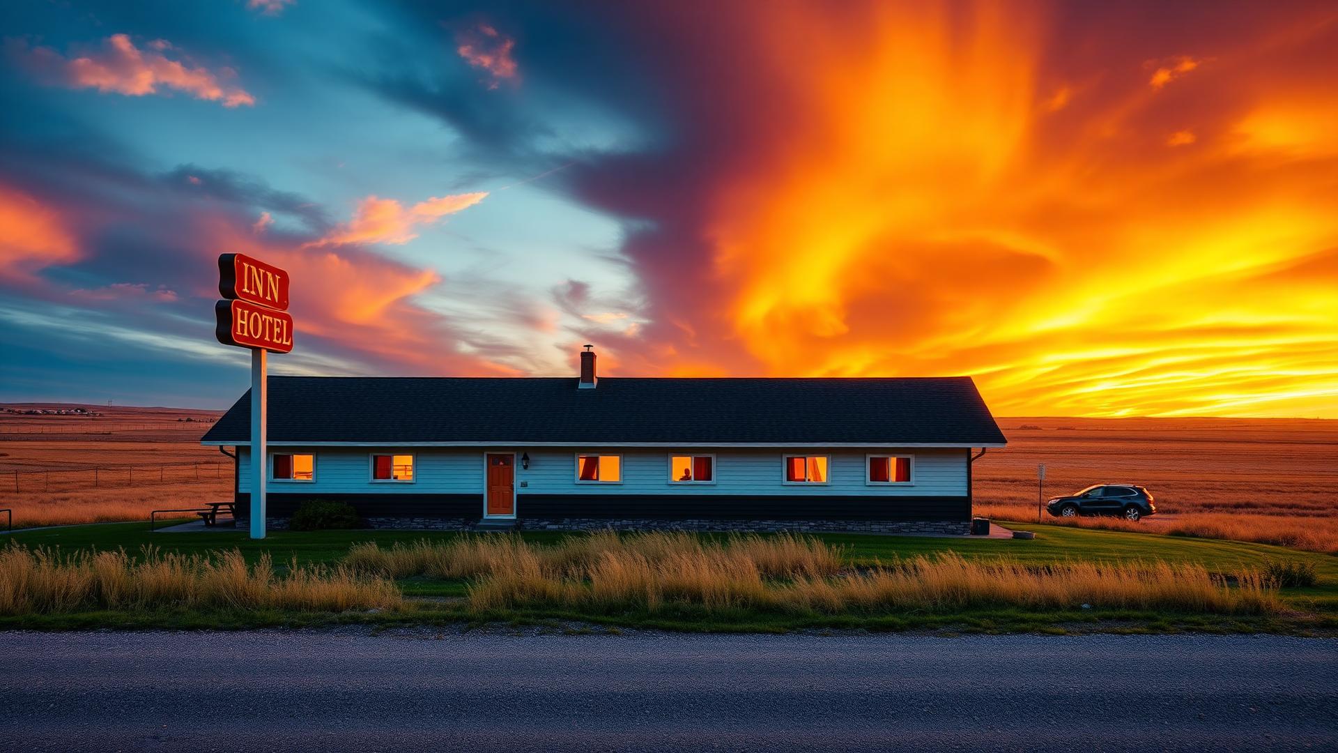 Dakota Countryside Inn glowing at sunset beneath a dramatic South Dakota prairie sky
